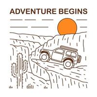Adventurous off-road car in desert area mono line illustration Adventure begins vector