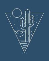 and cactus on the night in mono line art, badge , graphic dot color vector
