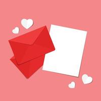 Love letter. White card with red paper envelope mockup . free space for text. copy space. Valentine's card . vector