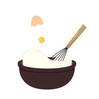 Beater whisk . Beater whisk on white background. Sticky flour. Flour stretch. Flour and Egg in bowl. vector