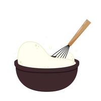 Beater whisk . Beater whisk on white background. Sticky flour. Flour stretch. Flour in bowl. vector