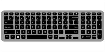 Keyboard of computer, laptop. Modern key buttons for pc. Black, white keyboard isolated on white background. Icons of control, enter, qwerty, alphabet, numbers, shift, escape. Realistic vector