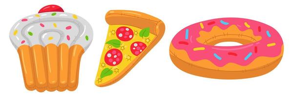 A set of a swimming circle in the shape of a cupcake, a slice of pizza and a donut. These colorful inflatable float cushion are perfect for a summer themed pool party. Isolated illustration vector