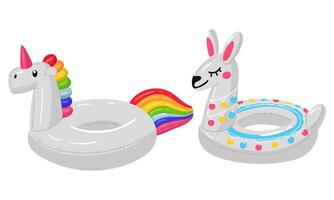 Set of a swimming circle in the form of a white unicorn with a large long horn, a llama with ornaments, a large swimming animal. Animal shaped swimming circle is perfect for a summer themed pool party vector