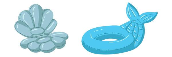 A set of swimming circles in the shape of an open shell, a mermaid's tail. A big bagel. This blue inflatable cushion float is perfect for a summer themed pool party. Isolated illustration vector