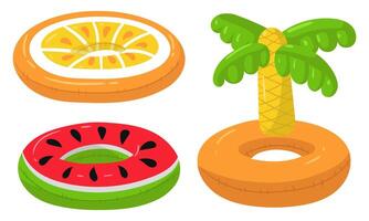 A set of swimming circles in the form of a palm tree, half a watermelon, half an orange. These inflatable float cushions are perfect for a summer themed pool party. Isolated illustration vector
