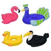 A set of swimming circles in the form of a yellow duck, pink flamingo, blue peacock, black toucan. These swimming animals are perfect for a summer themed pool party. Isolated illustration vector