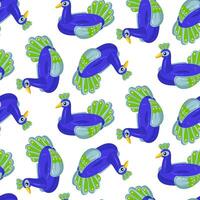 swimming circle pattern is in the form of a blue peacock with large round eyes, blue, green and a large tail. This swimming with birds is perfect for a summer themed pool party. Seamless illustration vector
