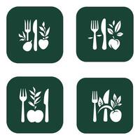 four green icons with fork, knife and apple vector