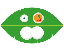 Idly dish along with sambar and chutney served in traditional style with Banana leaf . vector