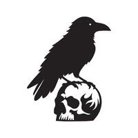 A Raven Bird silhouette, a Raven perched on a skull illustration in black and white vector