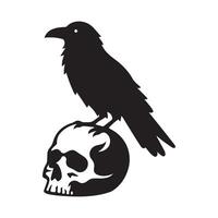 A Raven Bird silhouette, a Raven perched on a skull illustration in black and white vector