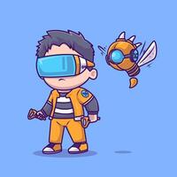 Cute Boy Playing VR Game With Robot Cartoon vector