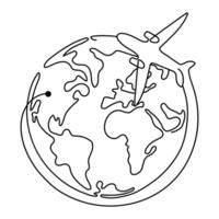 Line drawing of globe with airplane. Airline travel and flights. Flight route path on world map in simple linear style. Doodle illustration vector