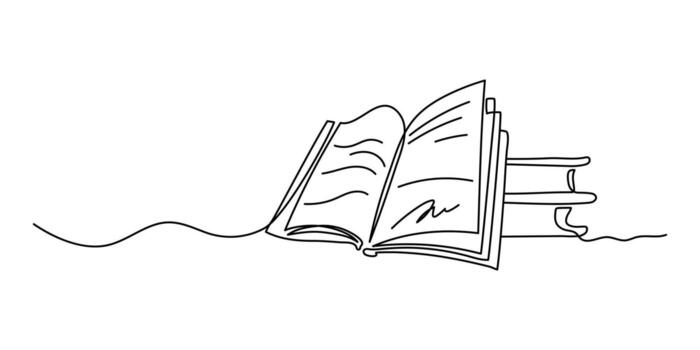 Open book one line line drawings. Bookstore, library continuous one line illustration. The concept of knowledge and students. minimalist linear illustration. vector