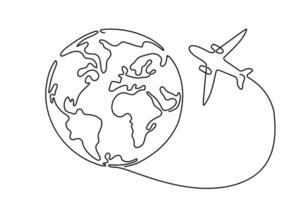 Line drawing of globe with airplane. Airline travel and flights. Flight route path on world map in simple linear style. Doodle illustration vector