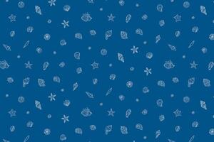 Underwater seamless pattern with seashells line art illustrations in white color on blue background.Ocean seashell, starfish spiral mollusk. Elements of water design repeat the ornament. vector
