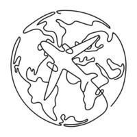Line drawing of globe with airplane. Airline travel and flights. Flight route path on world map in simple linear style. Doodle illustration vector