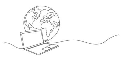 Line laptop and planet Earth as a line drawing as a concept of communication with the world on a white background. vector