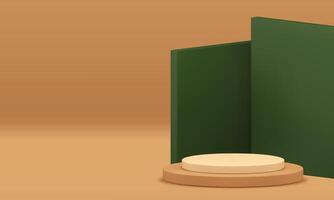 Beige 3d cylinder podium with green angular wall background realistic illustration vector