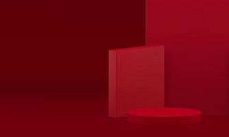 3d red cylinder podium pedestal with squared angular wall background realistic vector