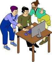 a cartoon of three people standing around a computer vector