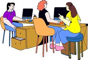 three people sitting at a desk with computers vector