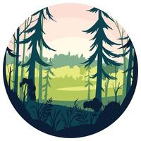 Forest landscape scene. Layered forest illustration in circle. Evergreen trees and tree trunks, bushes and greenery. Circle composition of forest illustration vector