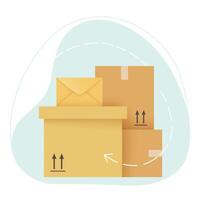 Cardboard boxes stack for moving in, unpacking. Minimal flat design of 4 yellow closed sealed boxes with shipping tags, blue abstract background vector