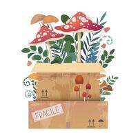 Old cardboard boxes for moving out - illustrations. Moving stuff in stacked cardboard boxes. Old overgrown belongings, boxes with tags - fragile vector
