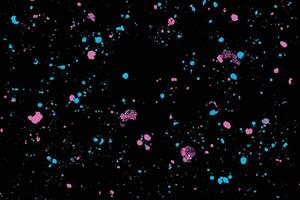 Colorful explosion of confetti. Grainy glitter and sprinkles. Abstract black background with pink and blue color circles. vector