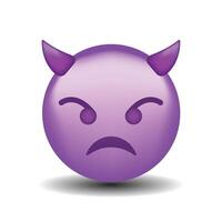 High quality emoticon with horns, devil emoji isolated on white background. Purple face devil emoji. 3d illustration. vector