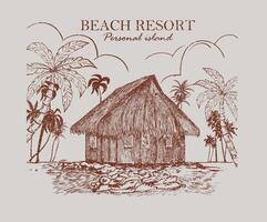 Tropical eco resort graphic print design. Beach vibes artwork. Tropical island with resort hand sketch. vector