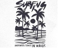 Palm beach club. Happiness comes in wave. Surf club. Summer graphic design for apparel, stickers, posters, background and others. Surfing club design. Beach paradise artwork. vector