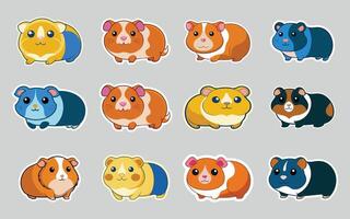 Guinea pig flat color sticker bundle set collection isolated on background vector