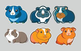 Guinea pig flat color sticker bundle set collection isolated on background vector