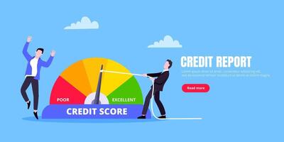 Man pushes credit score arrow gauge speedometer indicator with color levels. vector