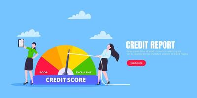 Woman pushes credit score arrow gauge speedometer indicator with color levels. vector