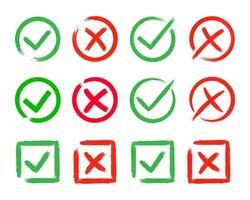 Dirty grunge cross x and tick OK check marks set in check boxes, hand drawn with brush strokes illustration vector