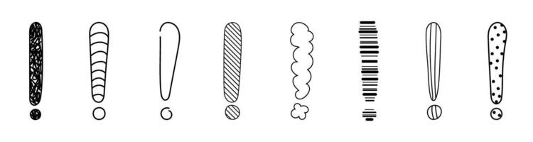 Doodle exclamation mark hand drawn sketch illustration set isolated on white background. vector