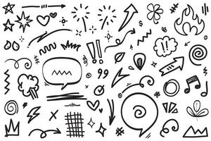 Hand drawn set elements, Abstract arrows, ribbons, hearts, stars, crowns and other elements in a hand drawn style for concept designs. Scribble illustration. vector