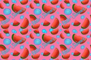 Bright and fun watermelon pattern with bubbles and Hello Summer text. Perfect for summer-themed designs and backgrounds. vector