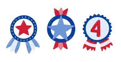 Cute set with cartoon badges and medals in colors of US flag. Insignia with stars, ribbon as symbol of Independence day, 4th July, freedom, democracy. Hand drawn collection isolated on white. vector