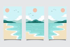 Set of summer travel flyers with beach and wave. Illustration in Minimalistic style vector