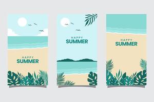 Set of summer travel flyers with beach and wave. Illustration in Minimalistic style vector