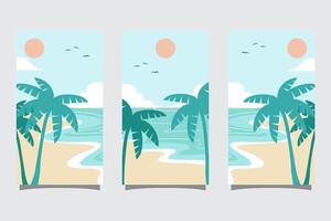 Set of summer travel flyers with beach and wave. Illustration in Minimalistic style vector