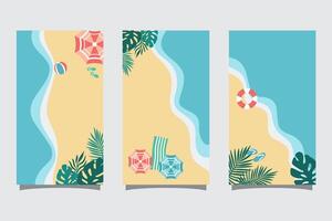 Set of summer travel flyers with beach and wave. Illustration in Minimalistic style vector