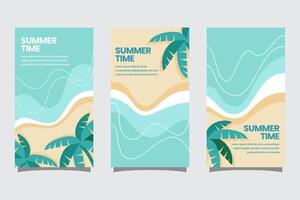 Set of summer travel flyers with beach and wave. Illustration in Minimalistic style vector