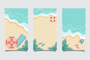 Set of summer travel flyers with beach and wave. Illustration in Minimalistic style vector