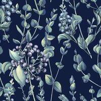 Eucalyptus twigs with decorative berries on a dark background. Watercolor illustration. A delicate, simple, seamless pattern from the WEDDING FLOWERS collection. For decoration and design. vector